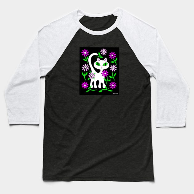 White Cat in Flower Garden Baseball T-Shirt by Designs by Connie